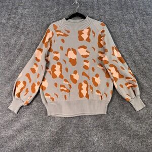 Womens Leopard Print Sweater Gray Tan Mock Neck Knit Pullover Soft Cozy Fallcore